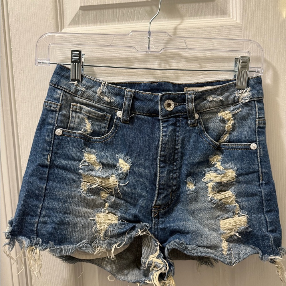 Blue Jean Shorts with Distressed Raw Hem